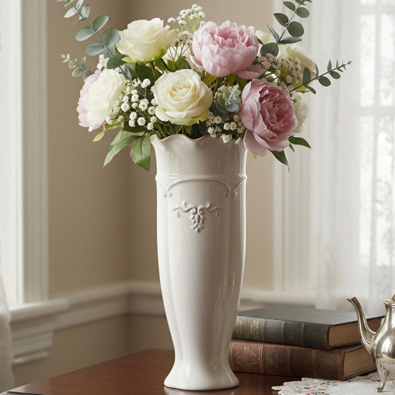 hjn White Ceramic Vase- French Flower Vase for Decor Tall Vintage Vases for Flowers/Home Decoration/Kitchen/Table/Living Room/Shelf/Mantel/Office-Height-11.6" - Image 1